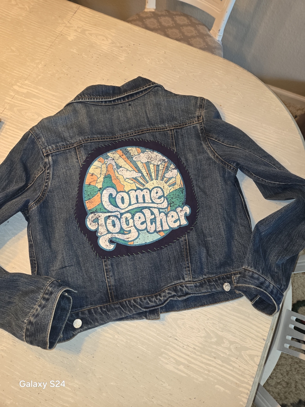 Women Sz L Denim JEAN Jacket 'Come Together' Back Patch Custom